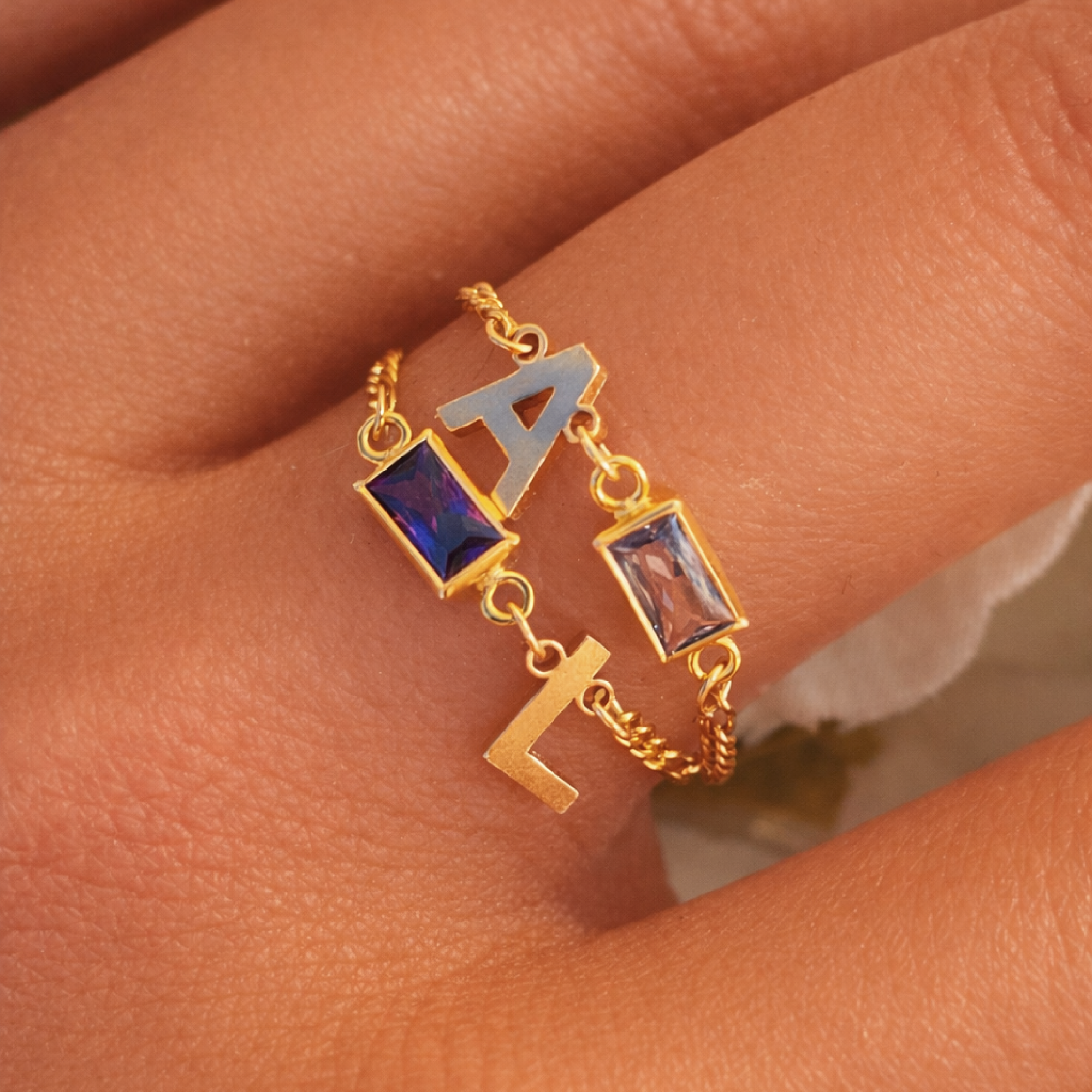 Initial Birthstone Chain Ring - Going Golden