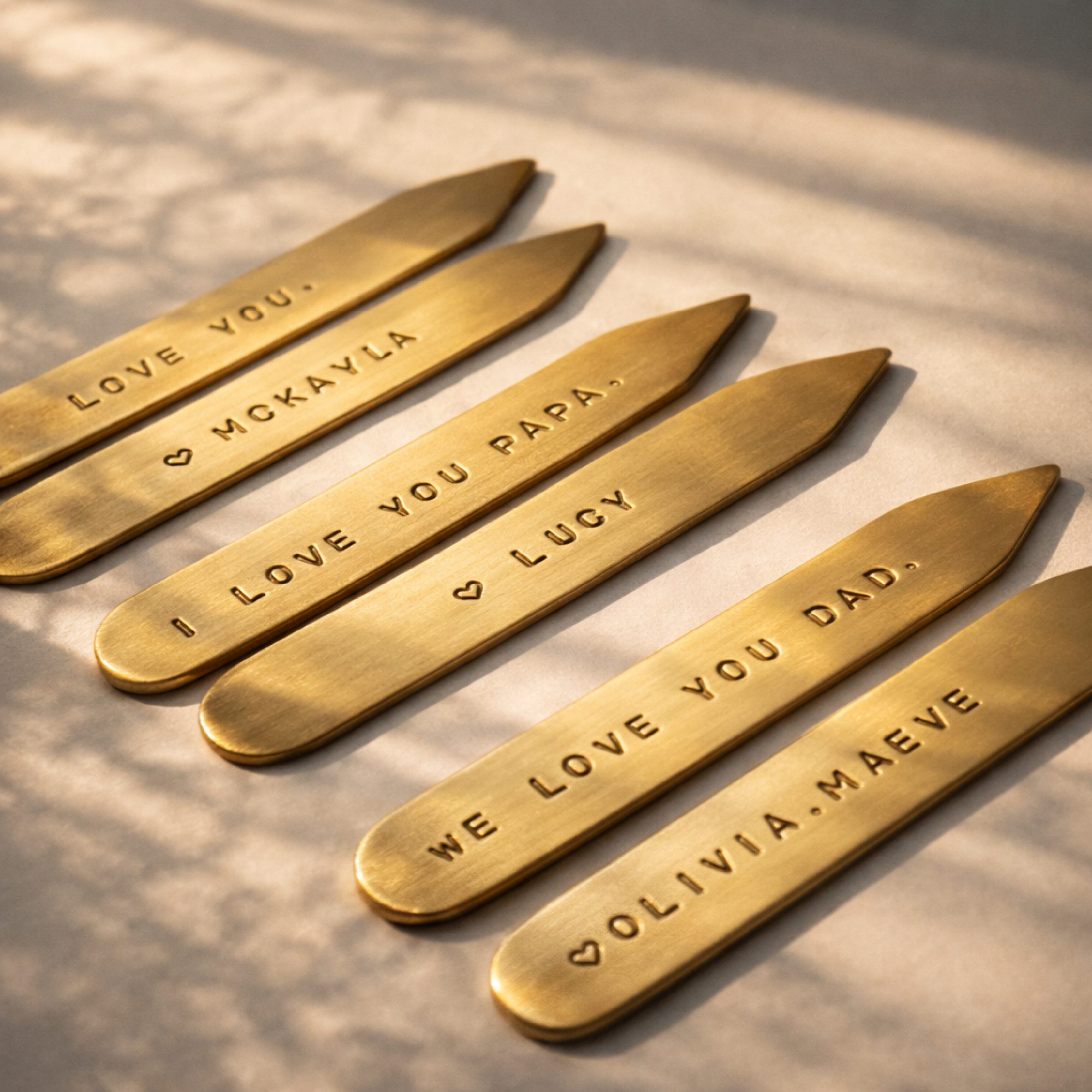 Personalized collar stays with names and messages