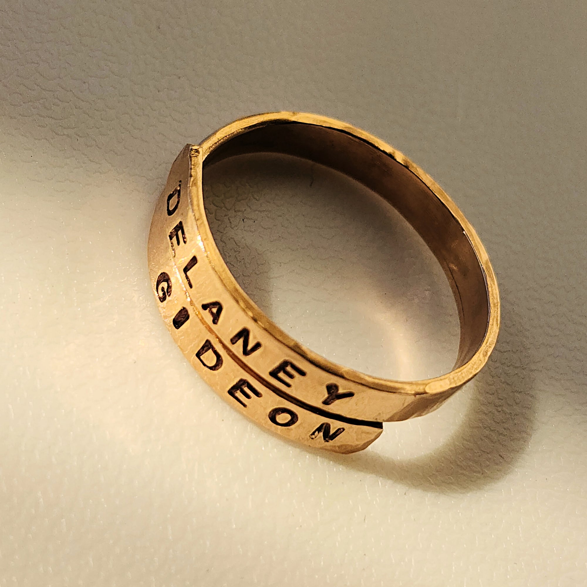 Custom 14K gold filled ring engraved with two names handmade by Going Golden
