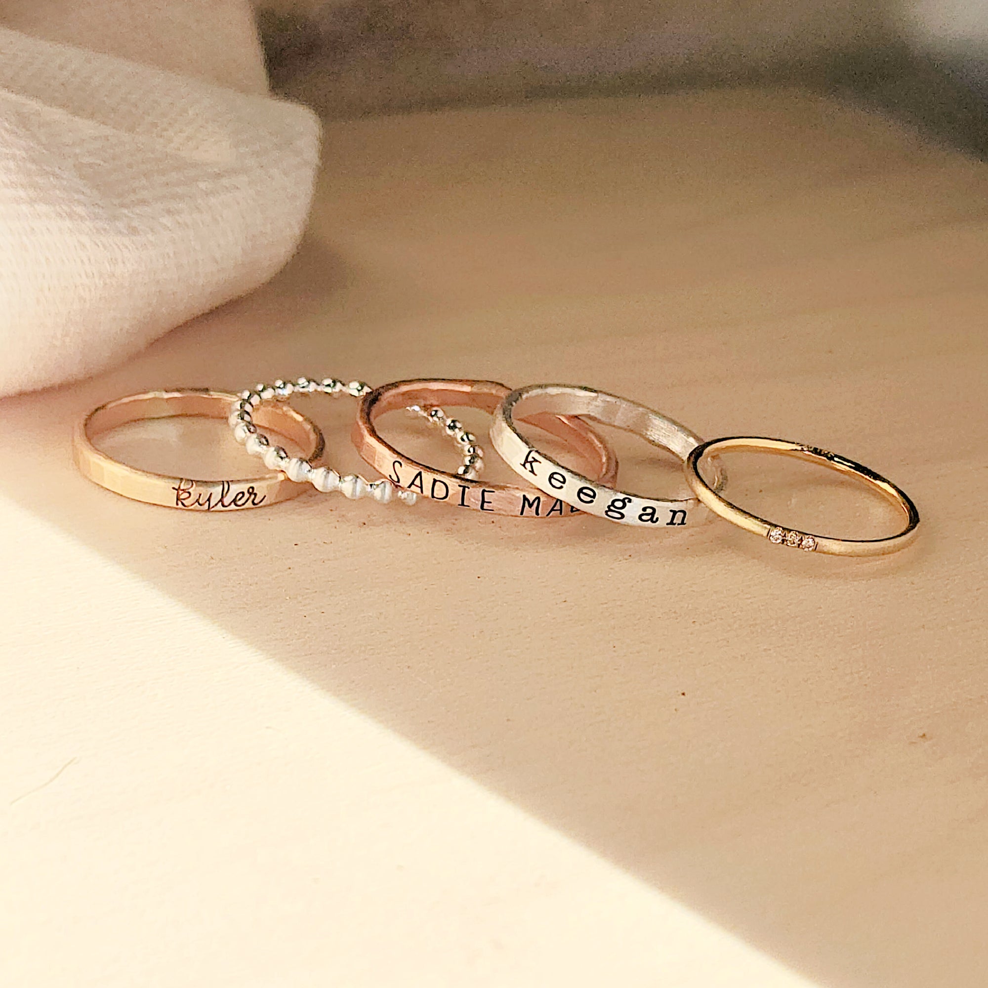 mixed metals 2mm personalized rings, 2mm beaded stacking ring, cz skinny stacking ring