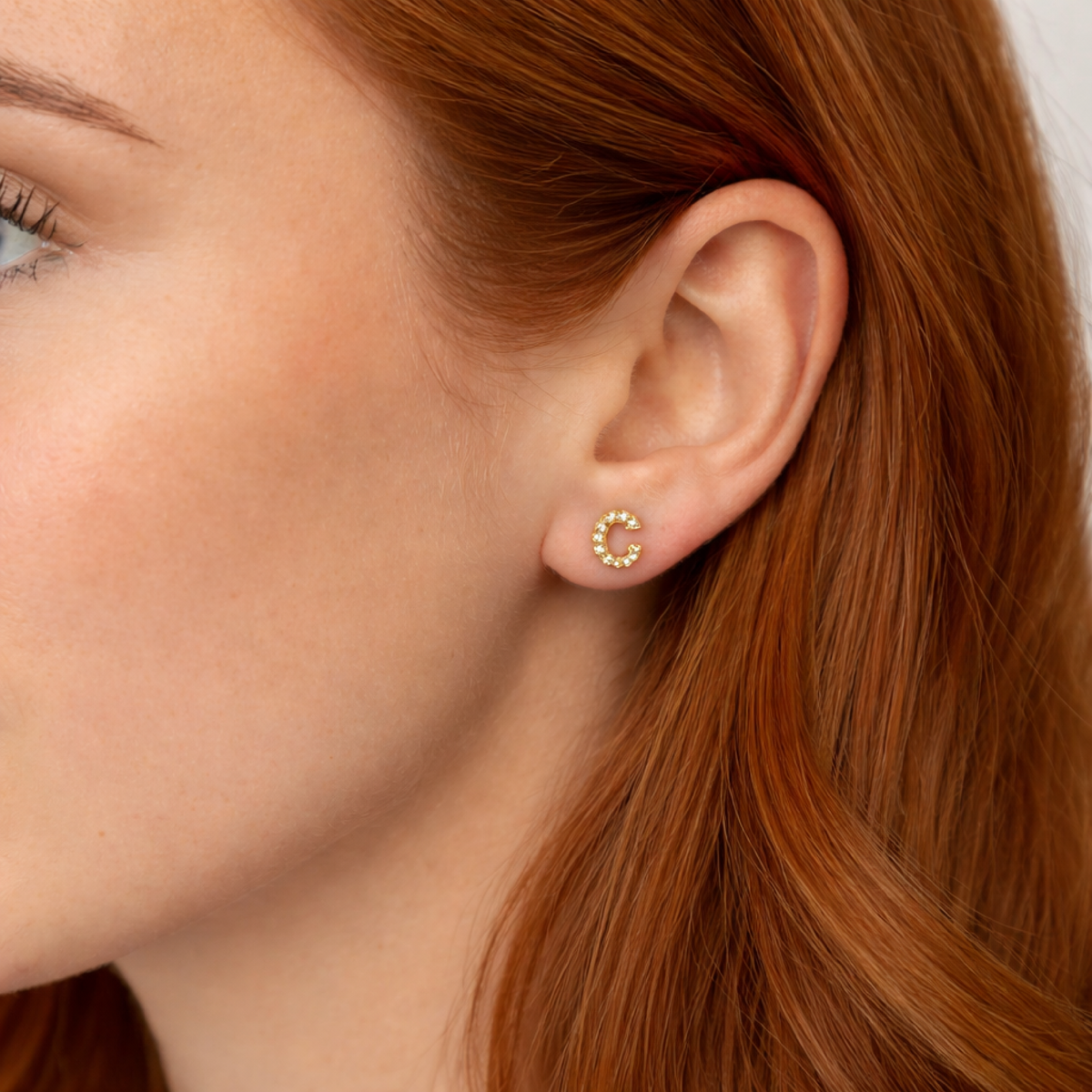Gold CZ C Initial Stud Earrings