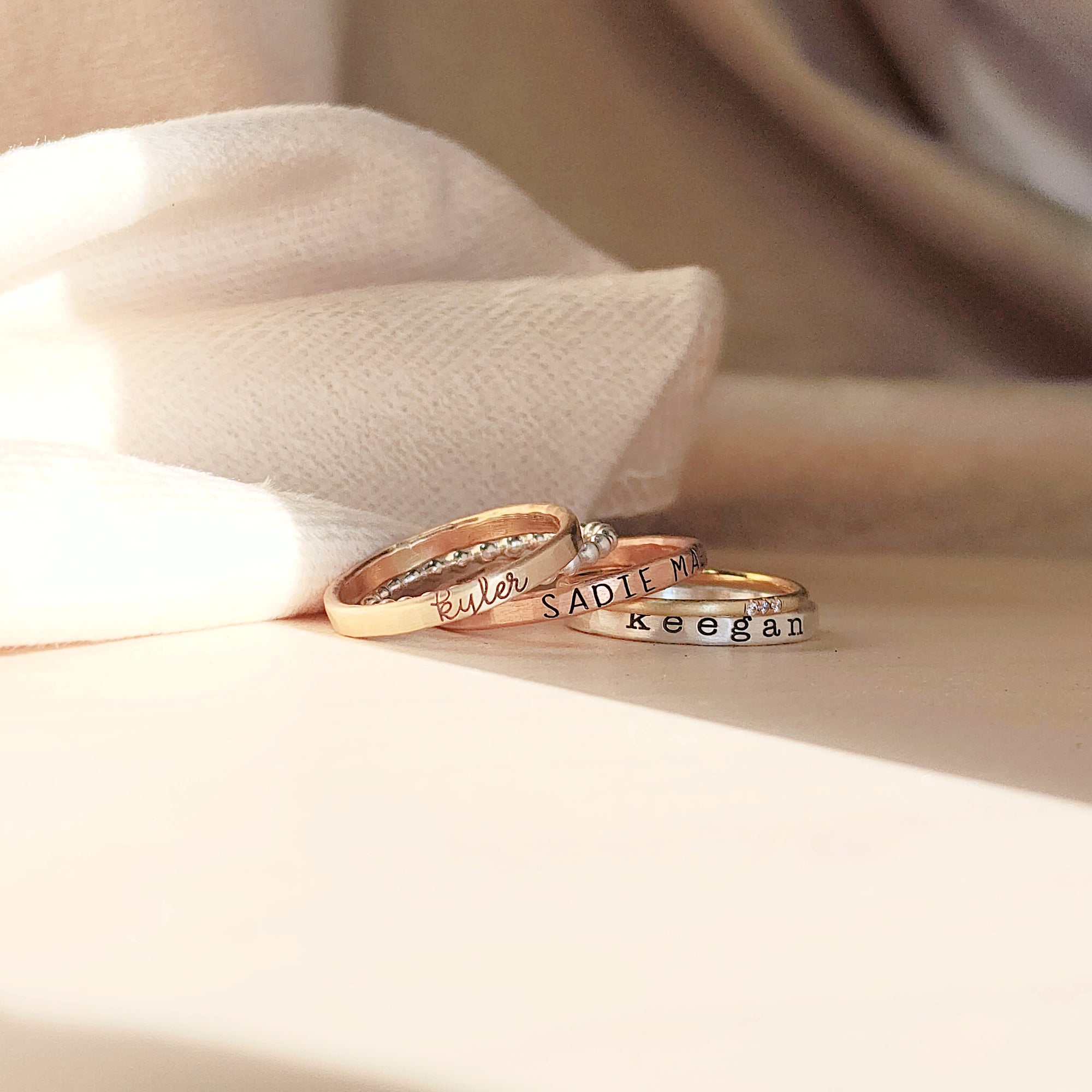 2mm stacking ring set with kids names and birthstone
