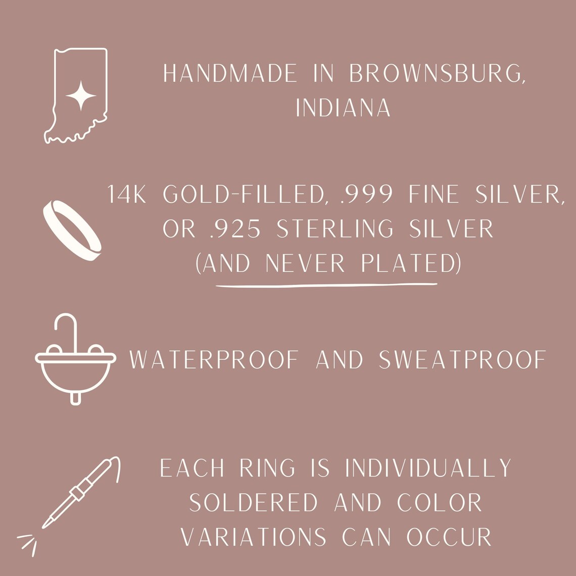 Informational graphic with product details including handmade in Brownsburg, Indiana, metal types, and durability.