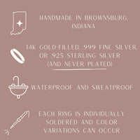 Informational graphic with product details including handmade in Brownsburg, Indiana, metal types, and durability.