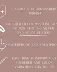 Informational graphic with product details including handmade in Brownsburg, Indiana, metal types, and durability.
