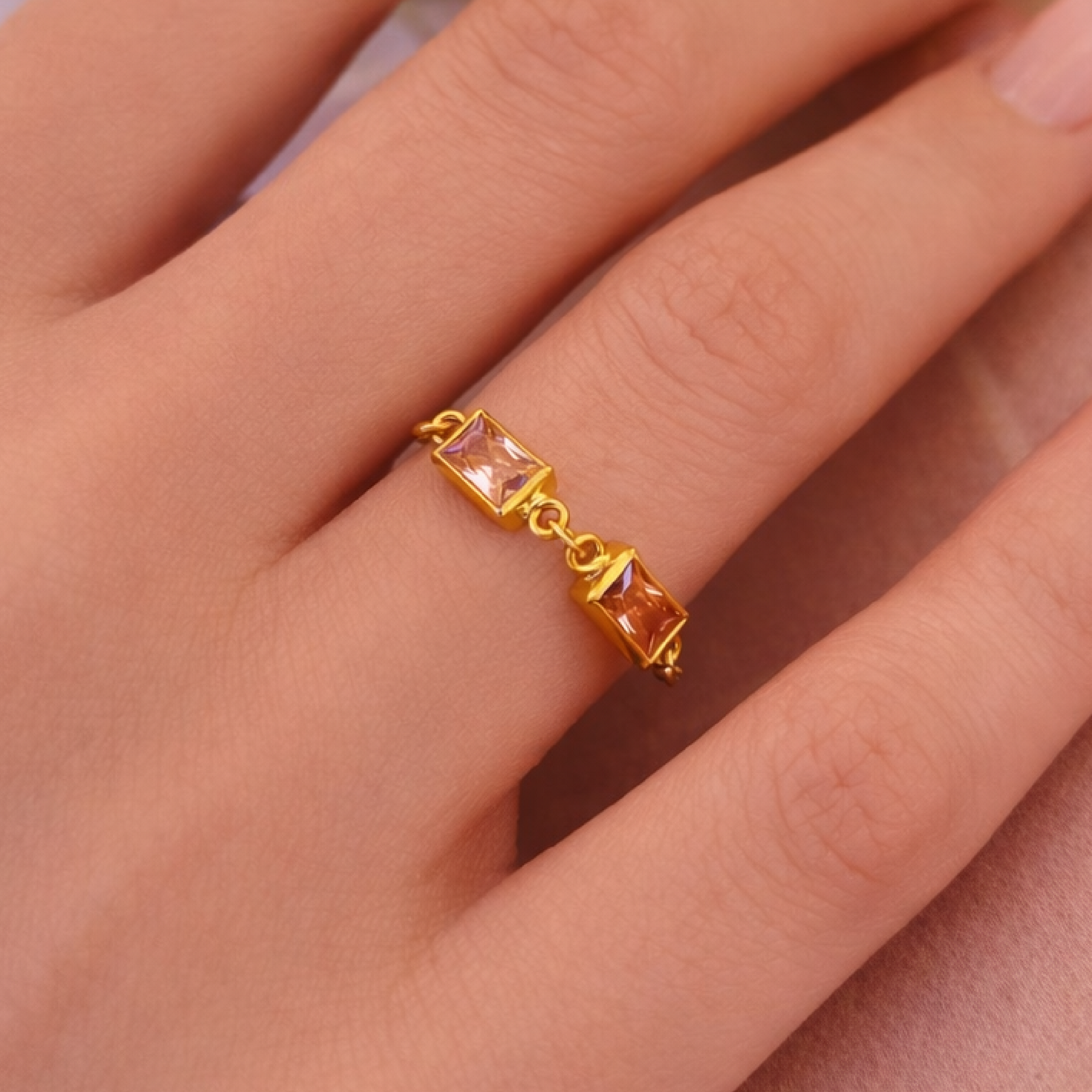 Double Birthstone Chain Ring - Going Golden