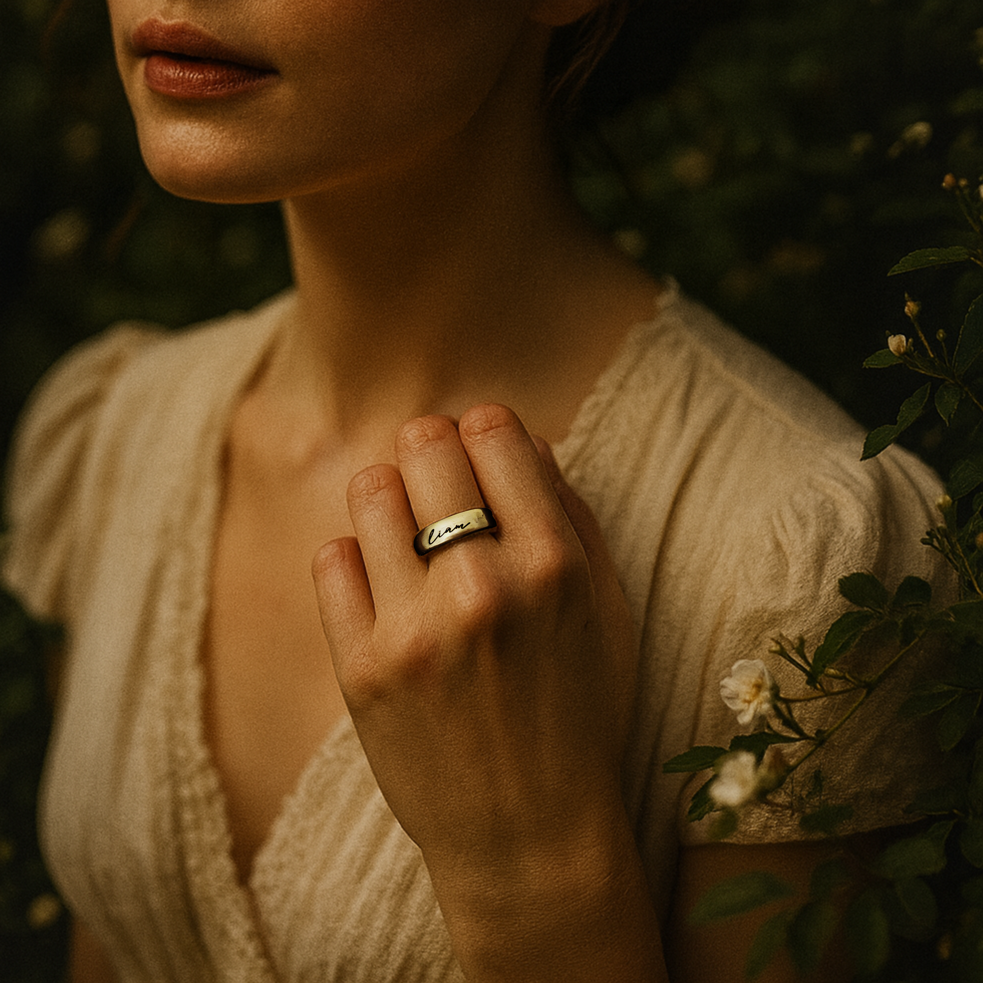 Close-up of a person wearing a gold ring with a blurred natural background