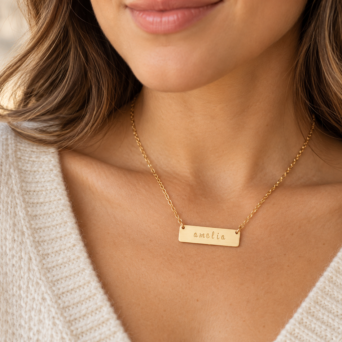 Short Stamped Name Bar Necklace