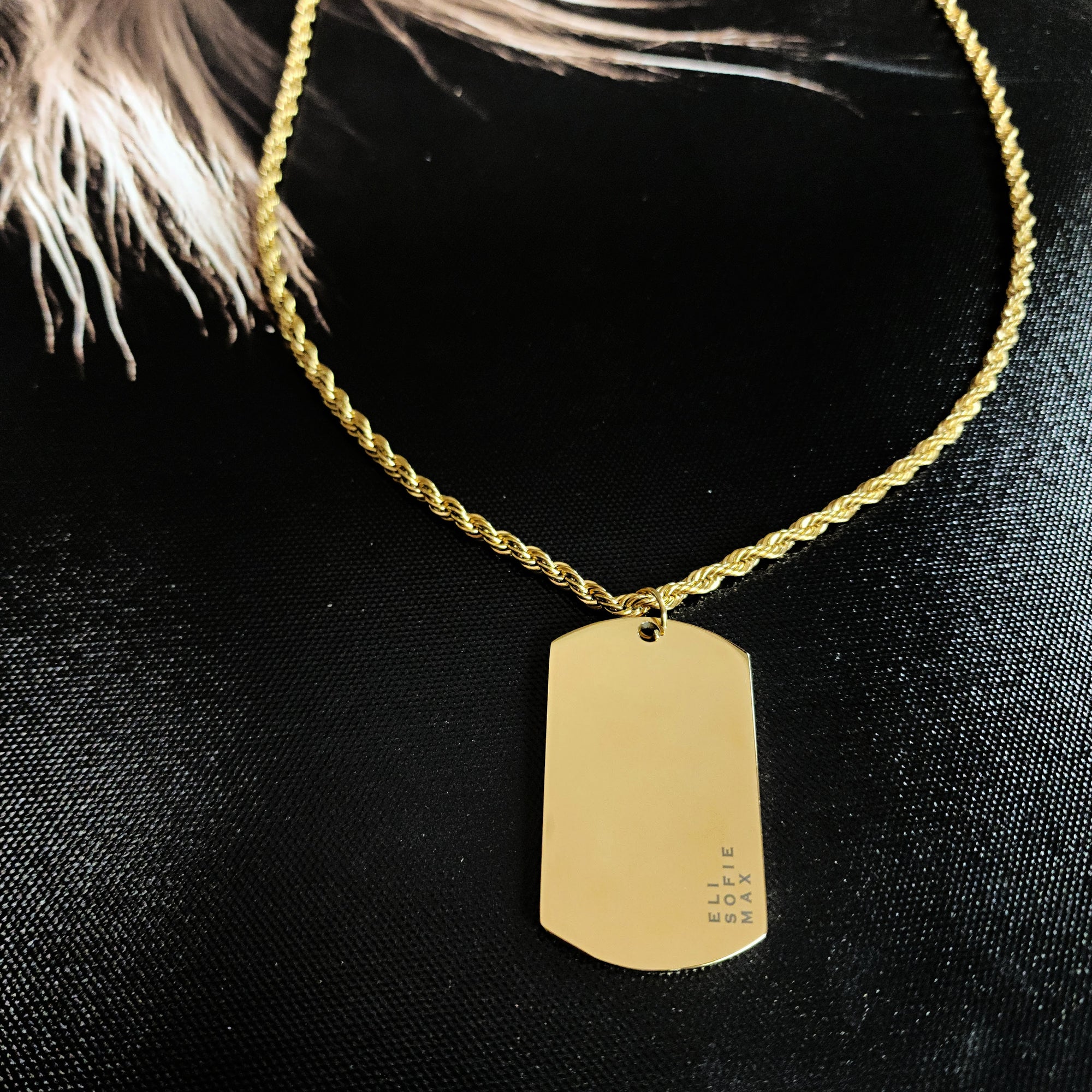 Gold necklace with a dog tag on a black background