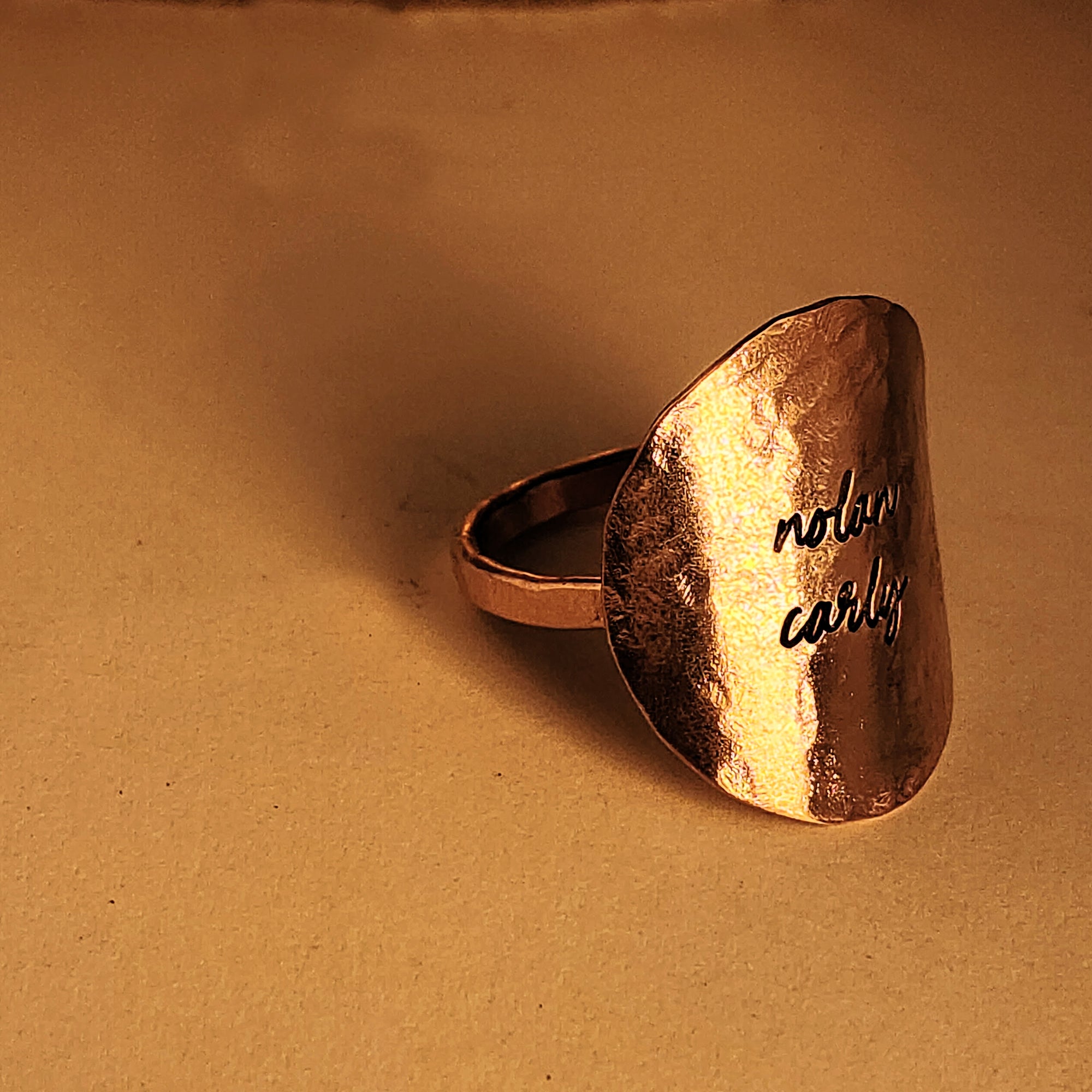 14K gold filled hammered disc ring engraved with names handmade in Indiana