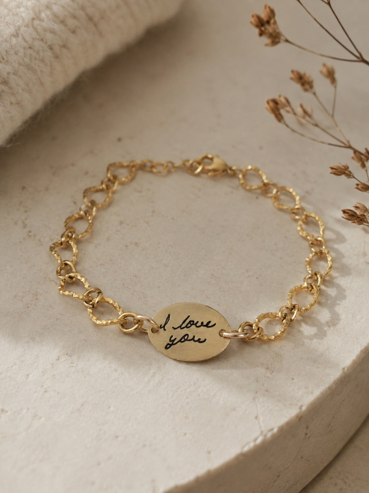 Gold Textured Oval Handwriting Bracelet