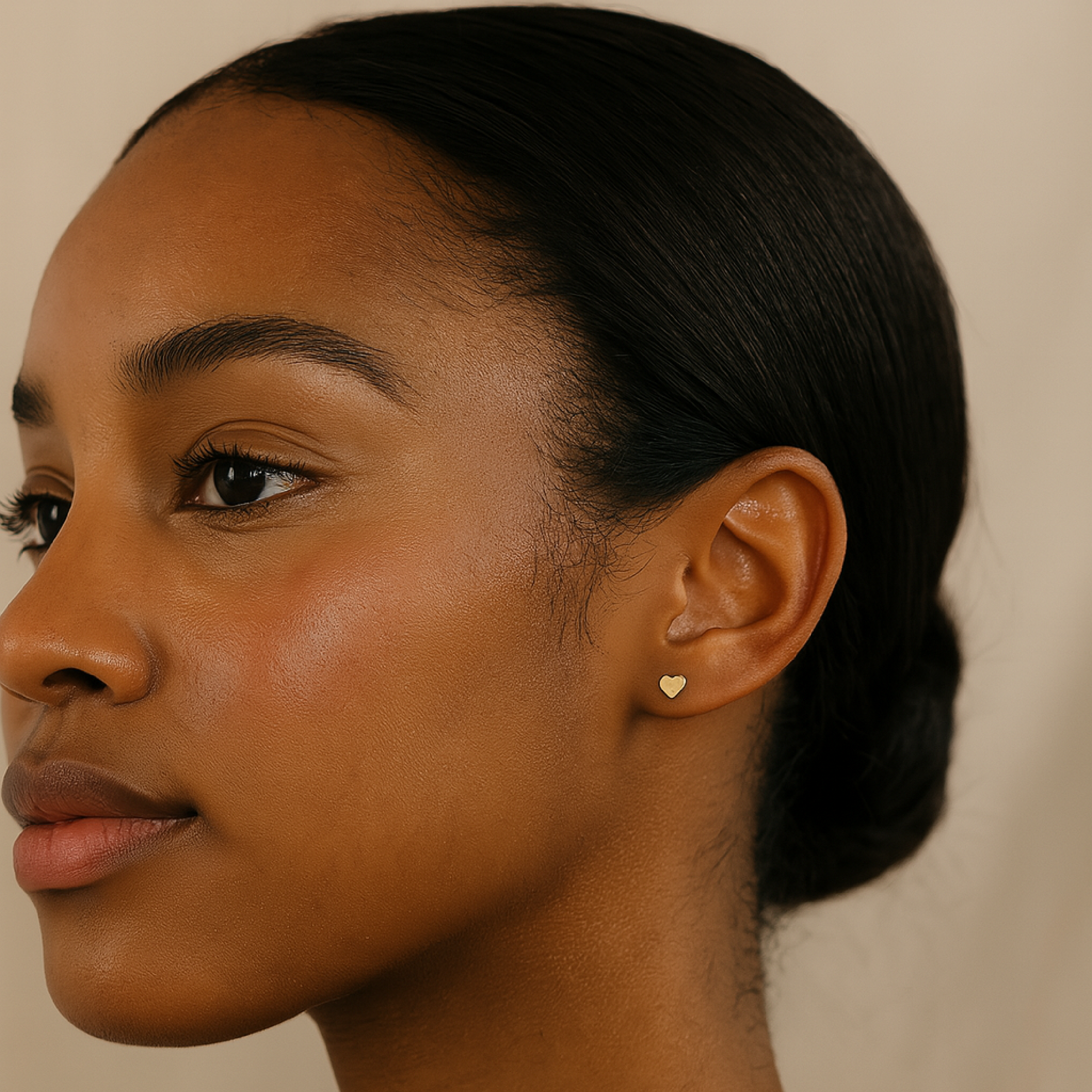 Close-up of a woman's ear with a heart-shaped earring against a neutral background