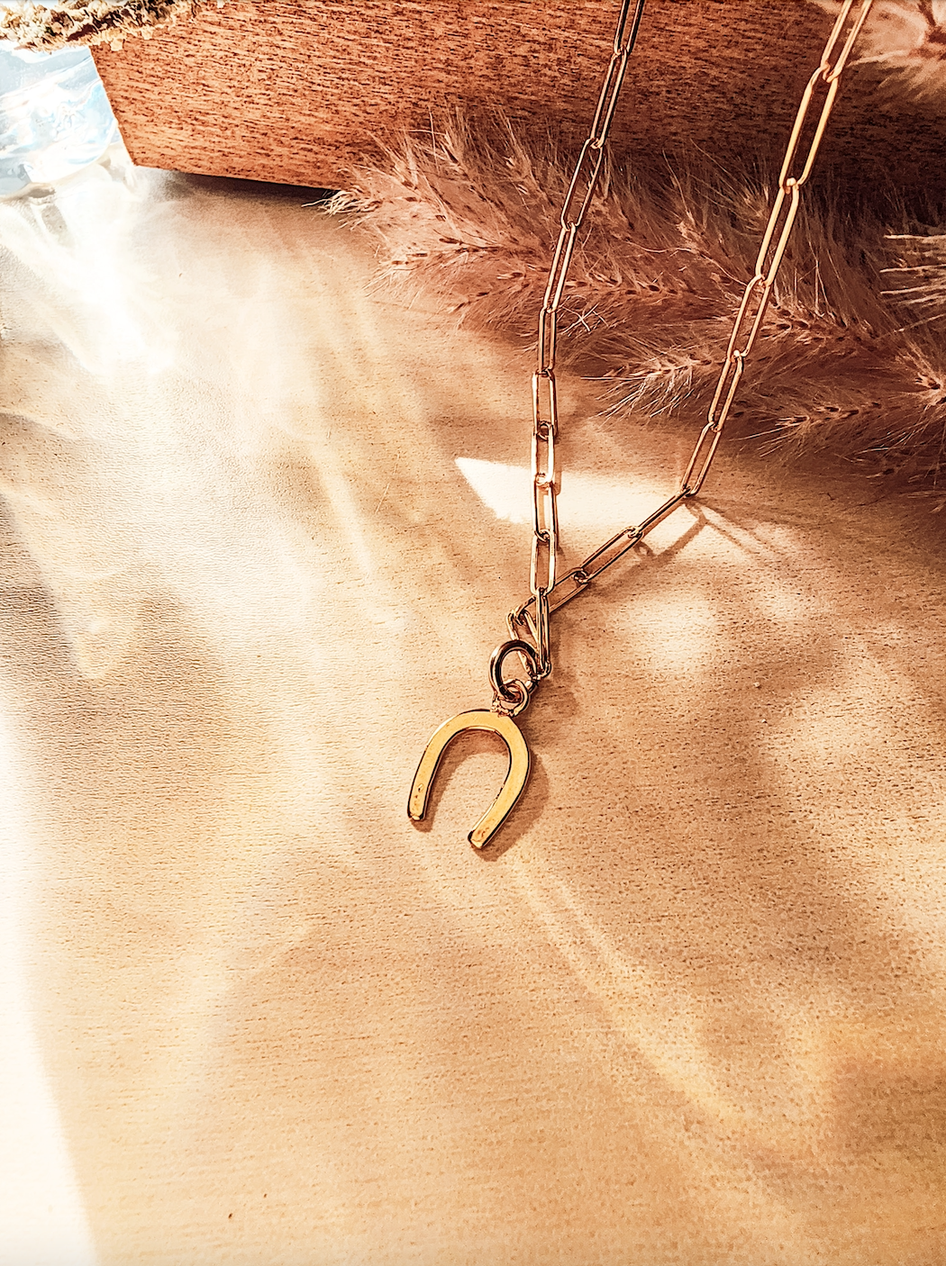 A gold-colored horseshoe necklace with an elongated paperclip chain and a lobster clasp, placed on a wooden surface.