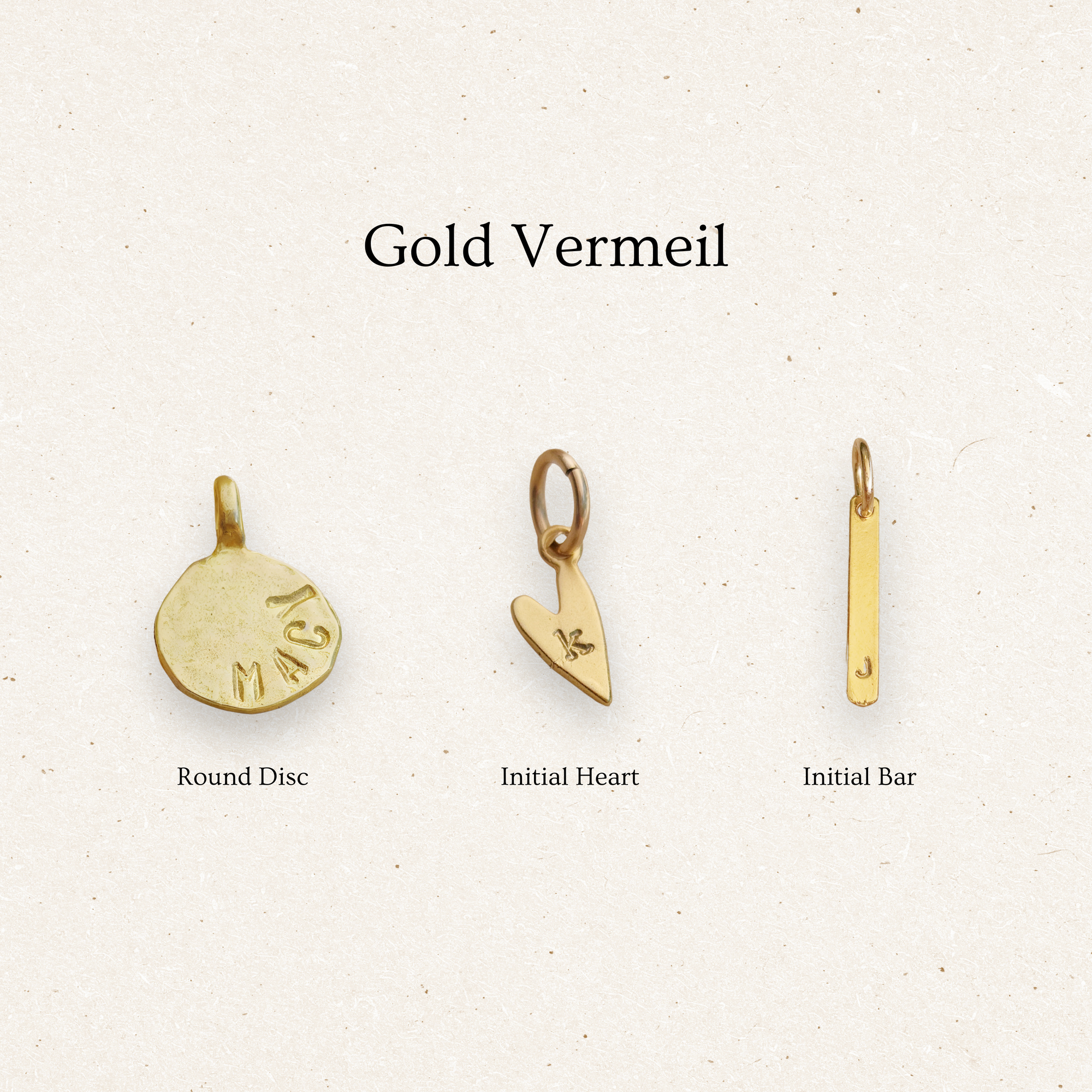 Three gold vermeil pendants on a light beige background with 'Gold Vermeil' text.