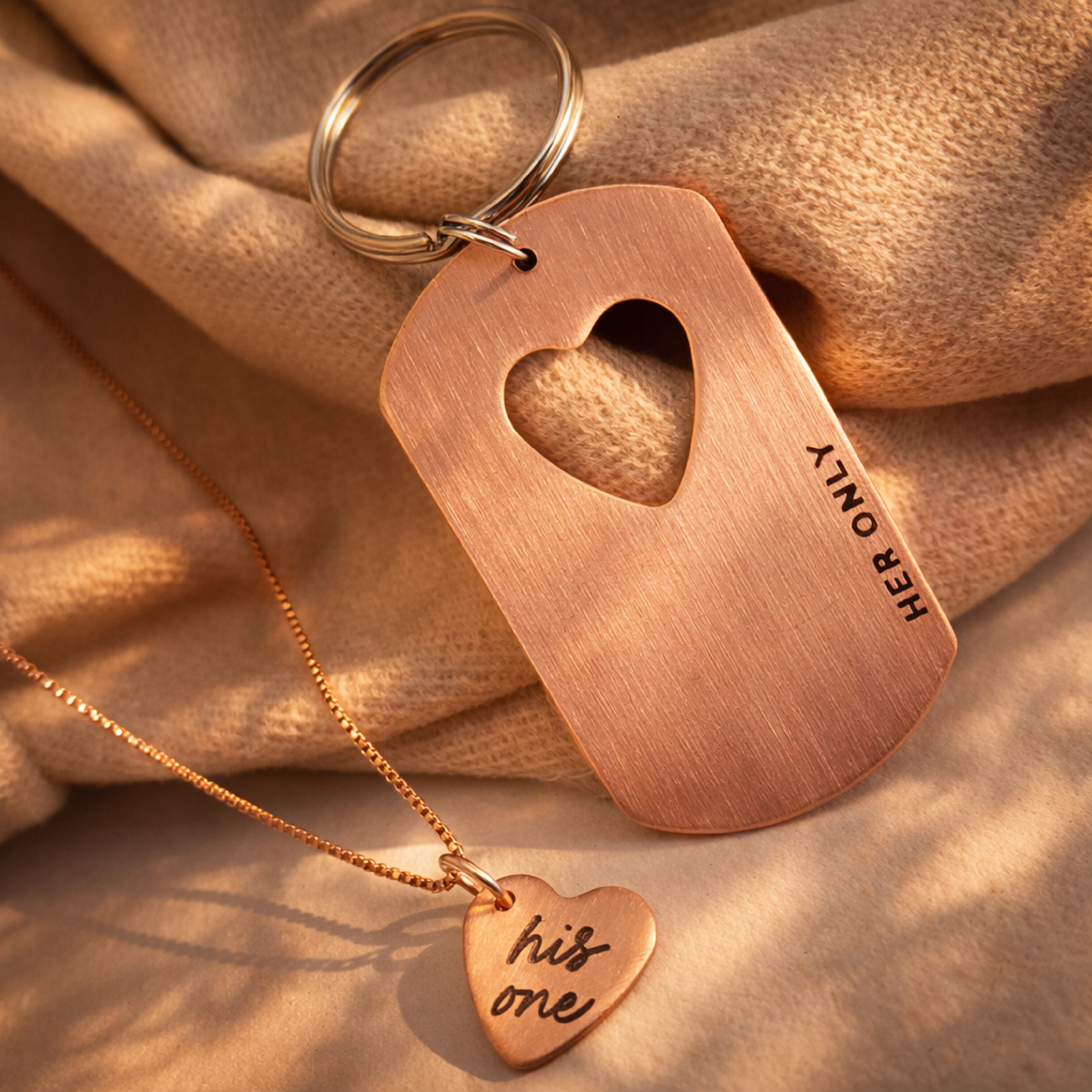 His & Her His One heart necklace and Her Only keytag
