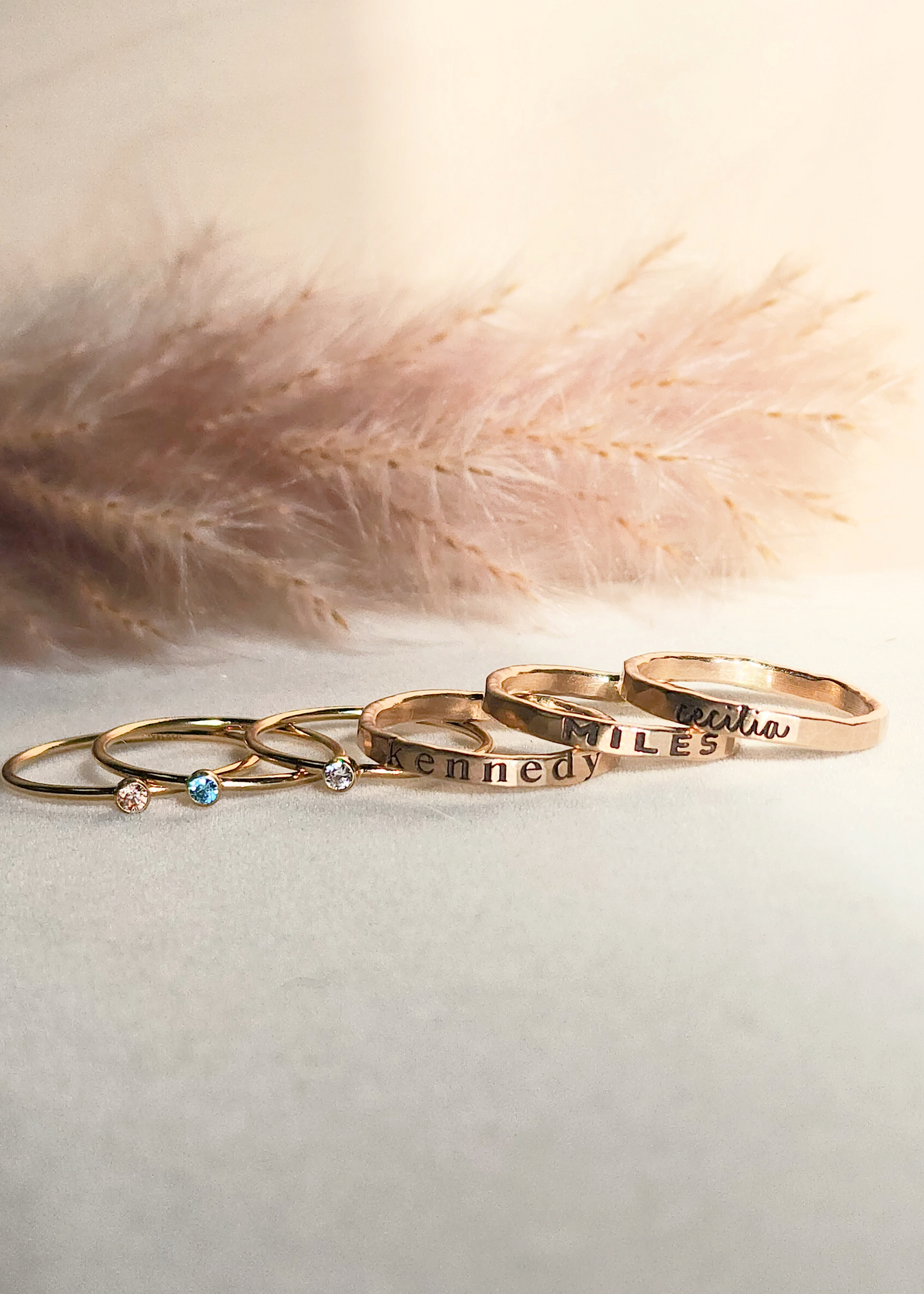 bold engraved ring sets with mix and match fonts and birthstone rigns