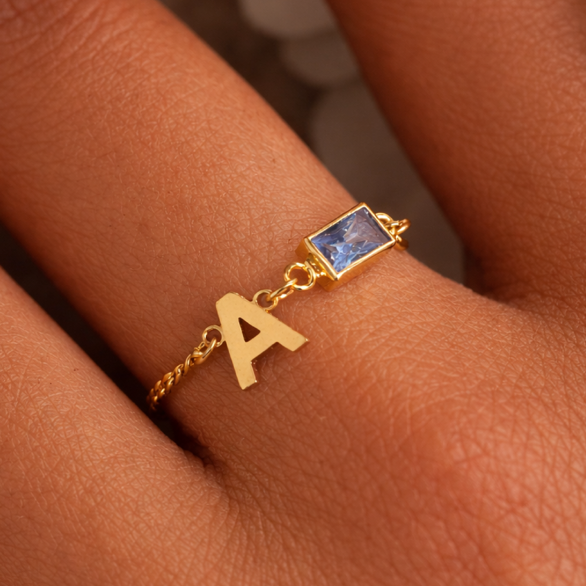 Initial Birthstone Chain Ring - Going Golden