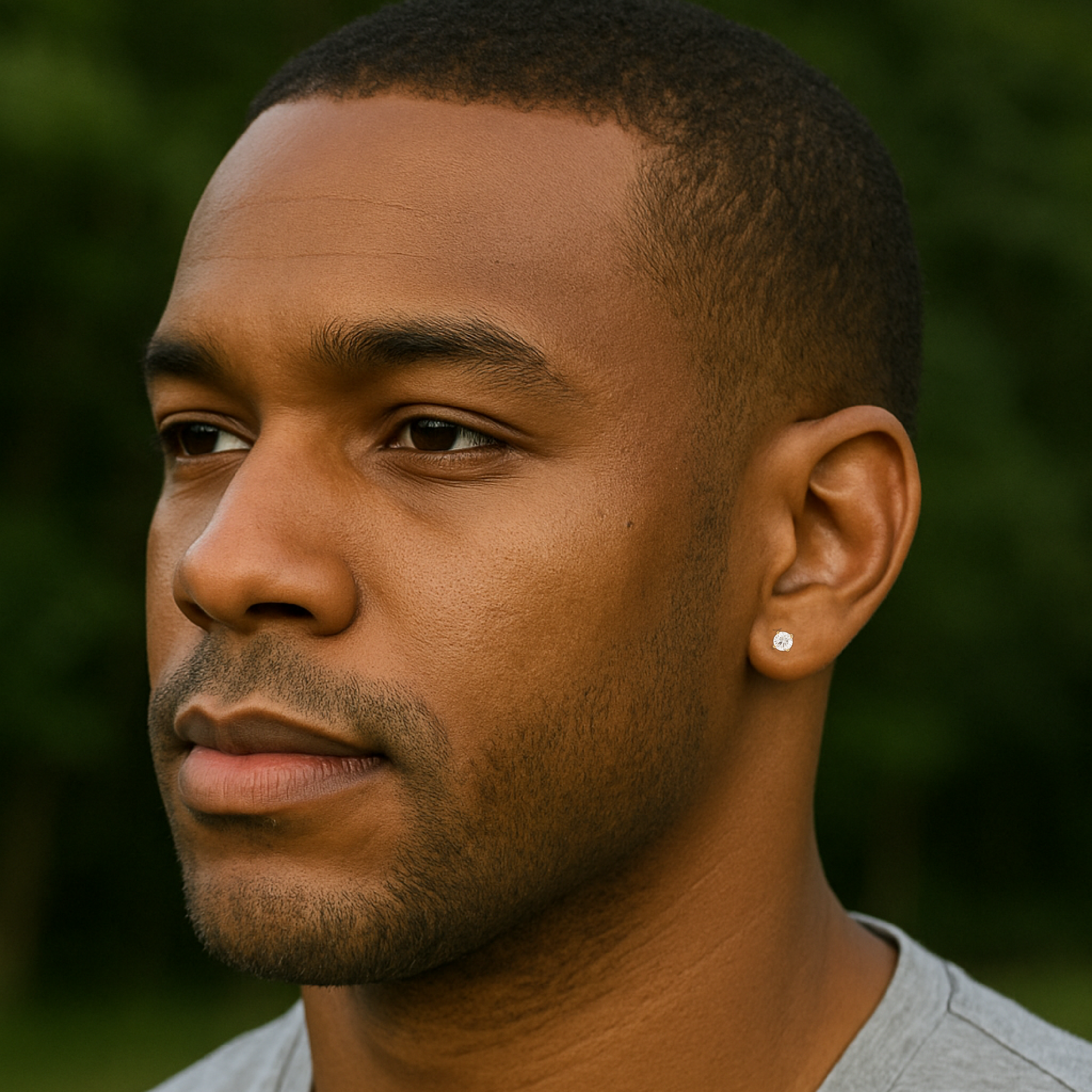 Man wearing a gray shirt with a blurred green background