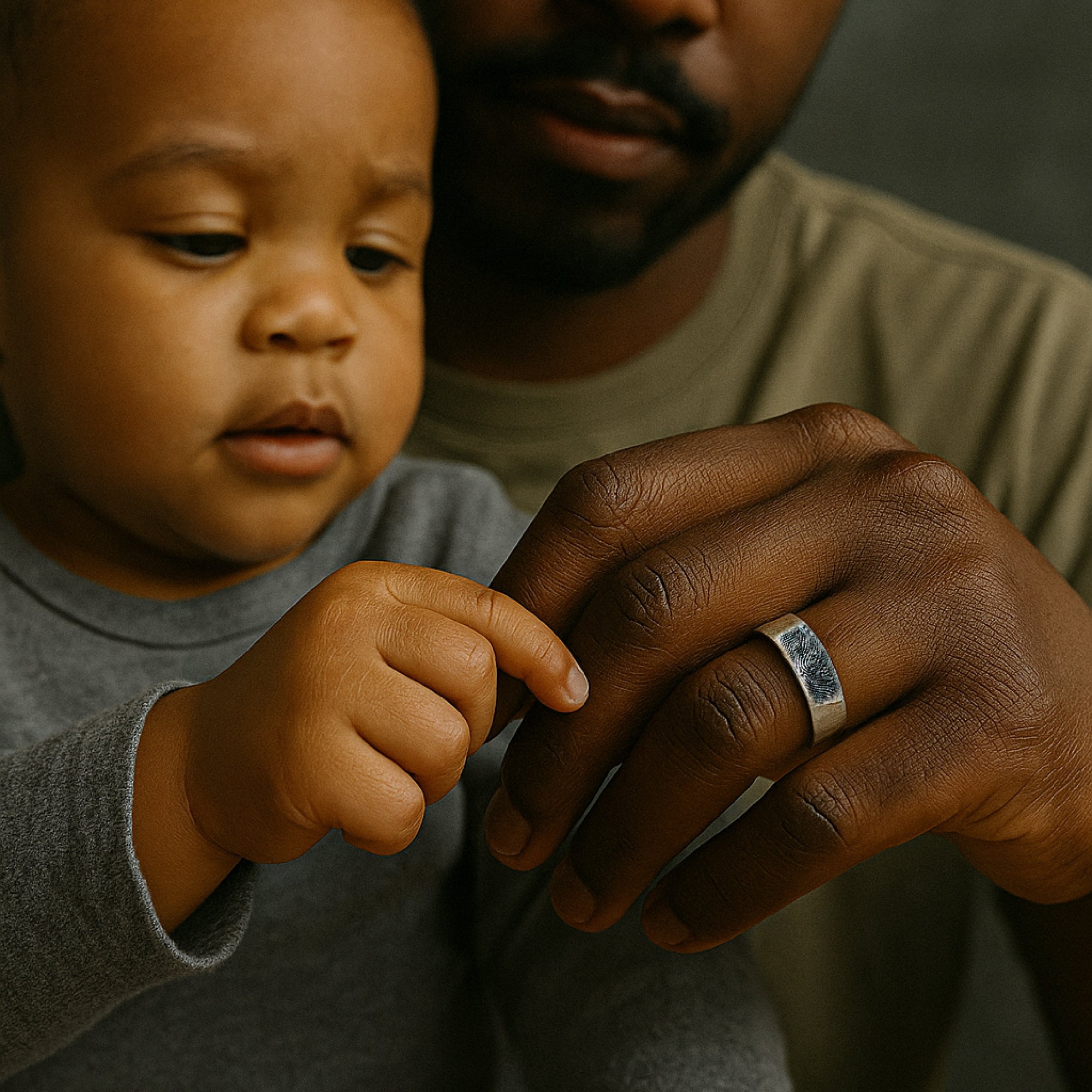 Child holding a hand with a ring, close-up shot