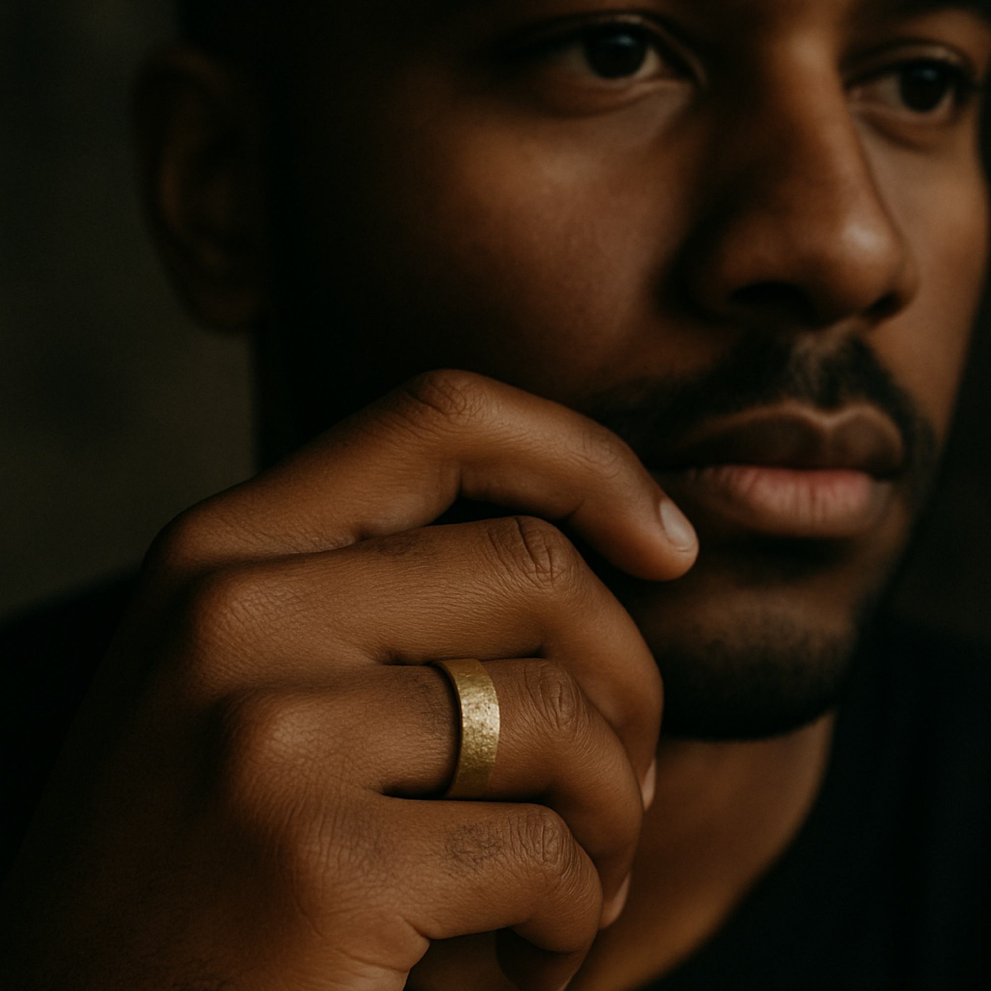 Close-up of a person's hand with a gold ring, against a dark background
