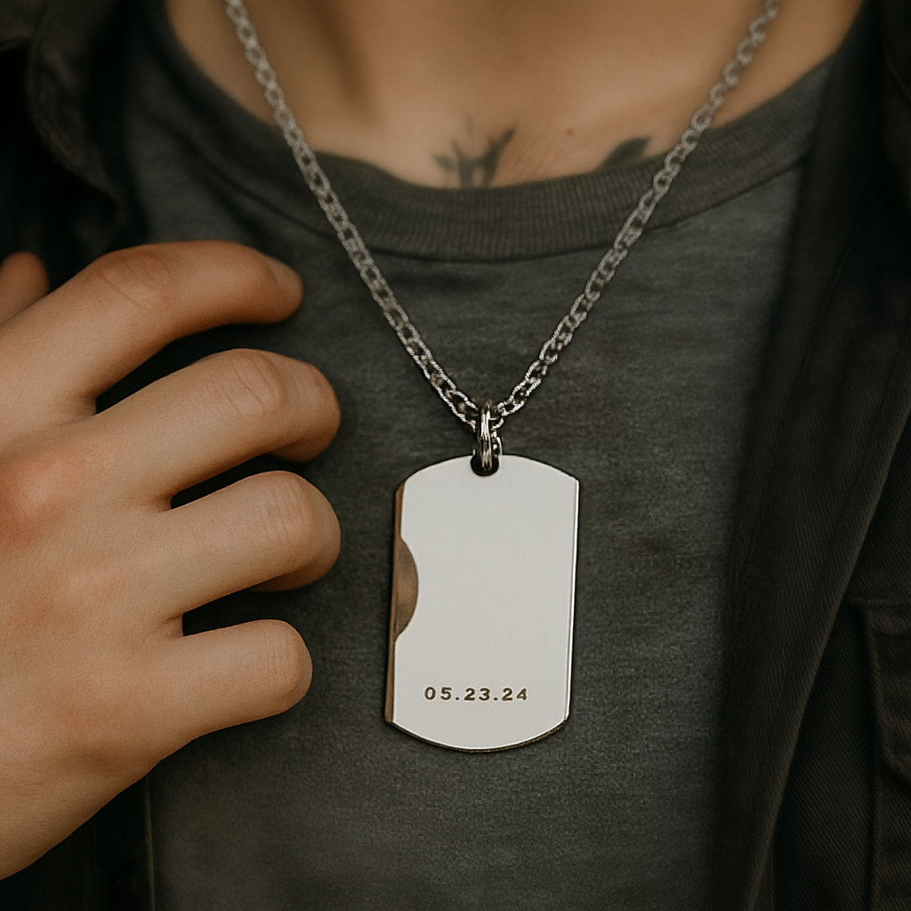 Person wearing a necklace with a silver dog tag on a dark shirt