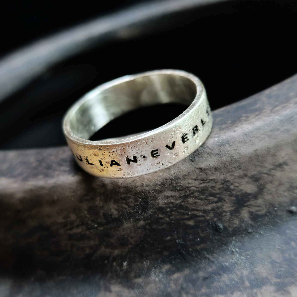 Mens sterling silver name ring with hammered oxidized finish