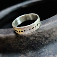 Mens sterling silver name ring with hammered oxidized finish