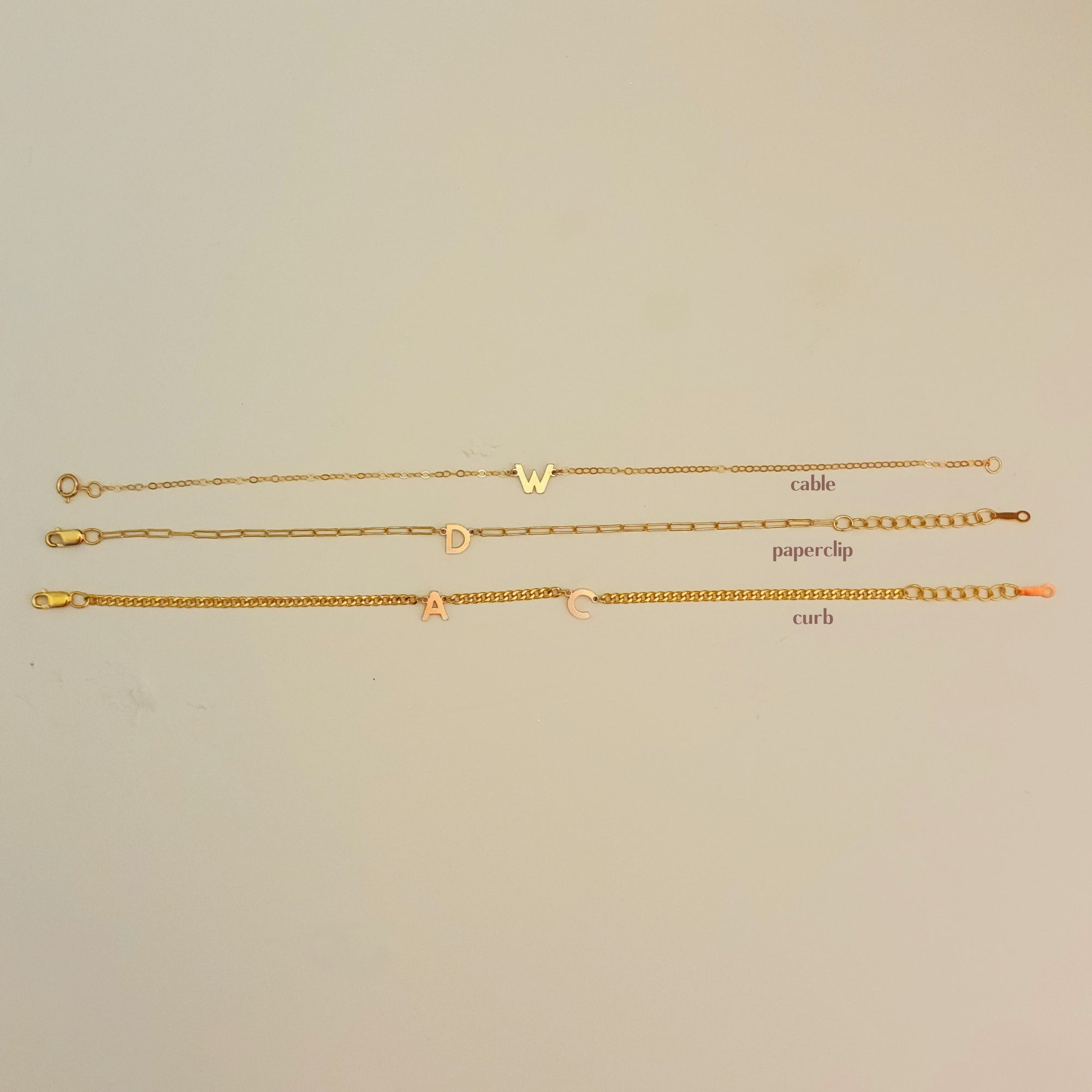 Three gold chains labeled &#39;cable&#39;, &#39;paperclip&#39;, and &#39;curb&#39; on a beige background