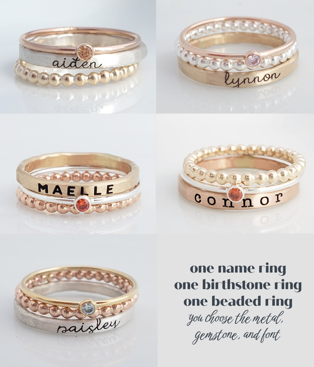 Set of personalized name rings with birthstones on a white background
