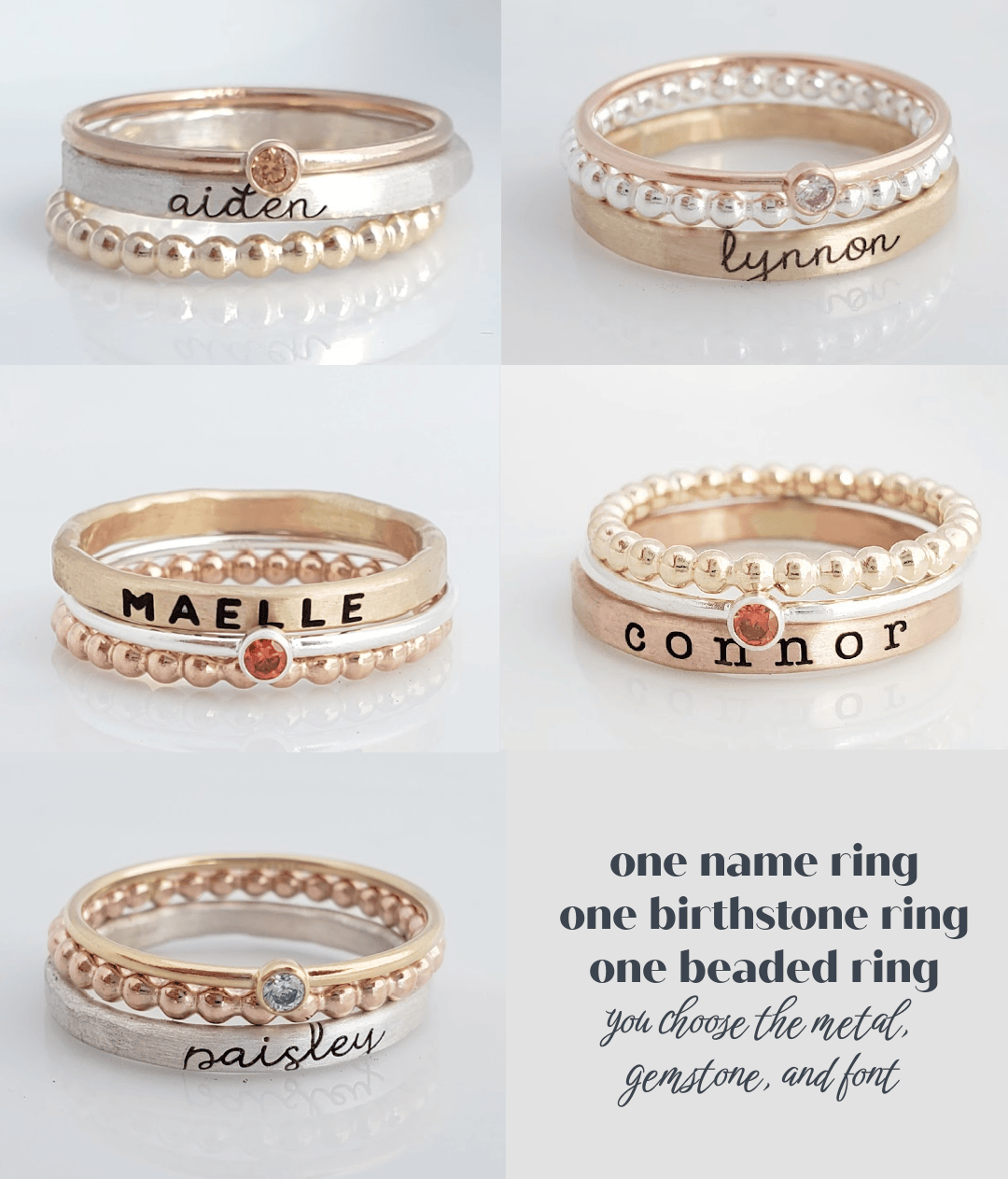 Set of personalized name rings with birthstones on a white background