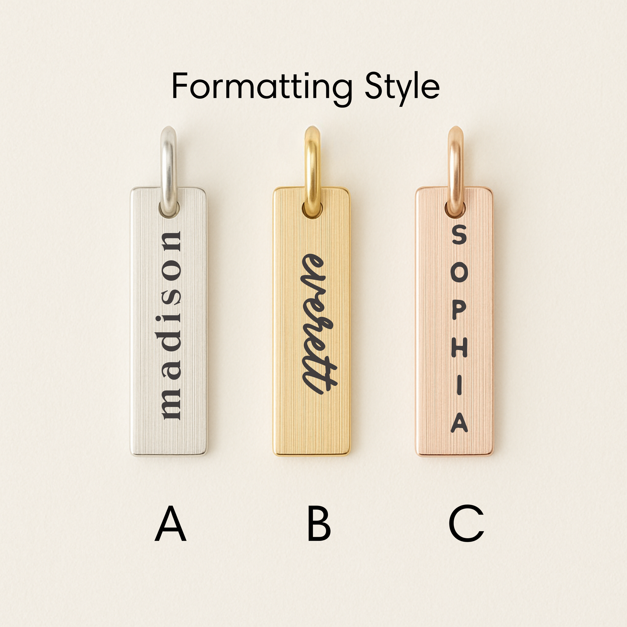Three rectangular tags with engraved names in different formatting styles on a beige background.