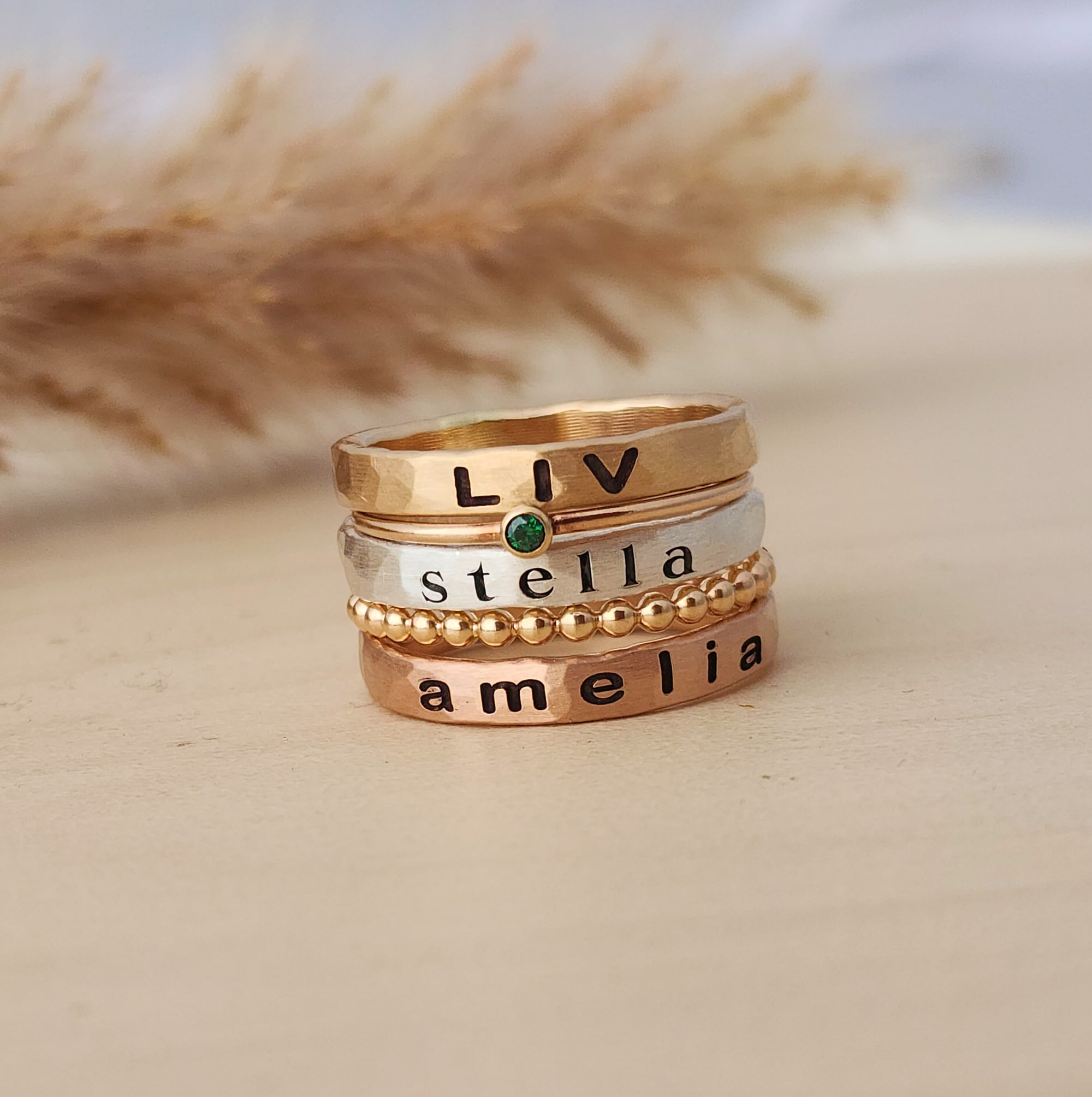 mixed metals chunky name rings, stackable ring set
