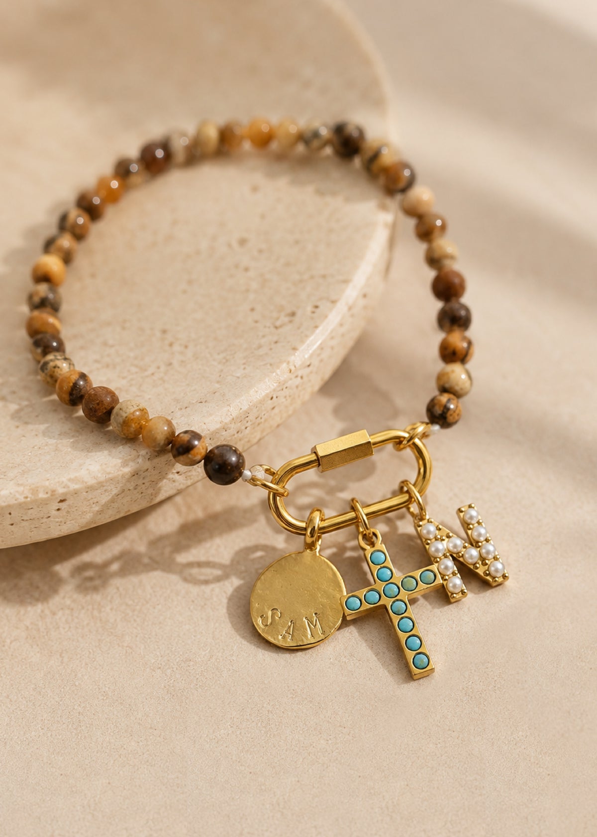 Stone Beaded Carabiner Charm Bracelet