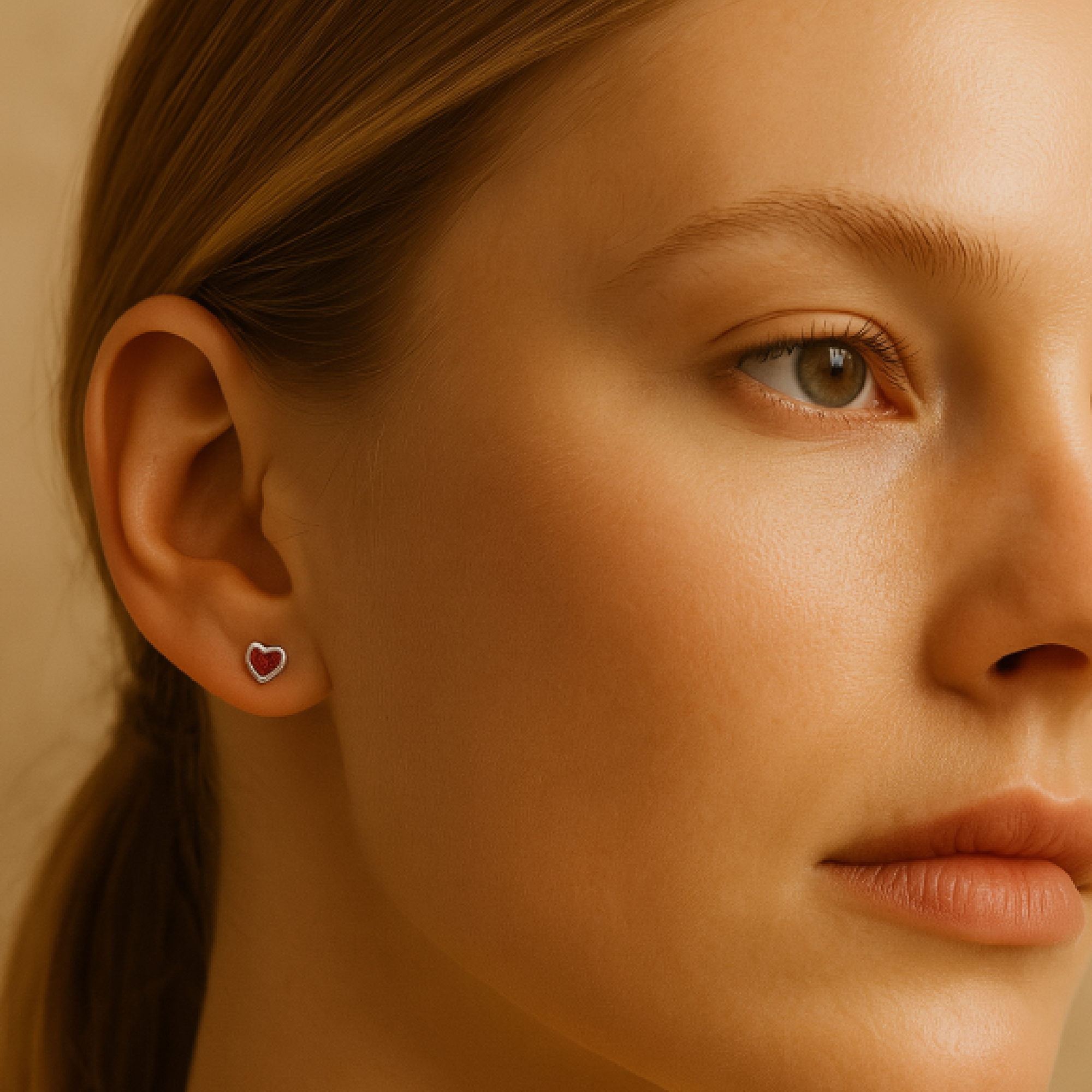 Close-up of a woman wearing heart-shaped earrings with a neutral background