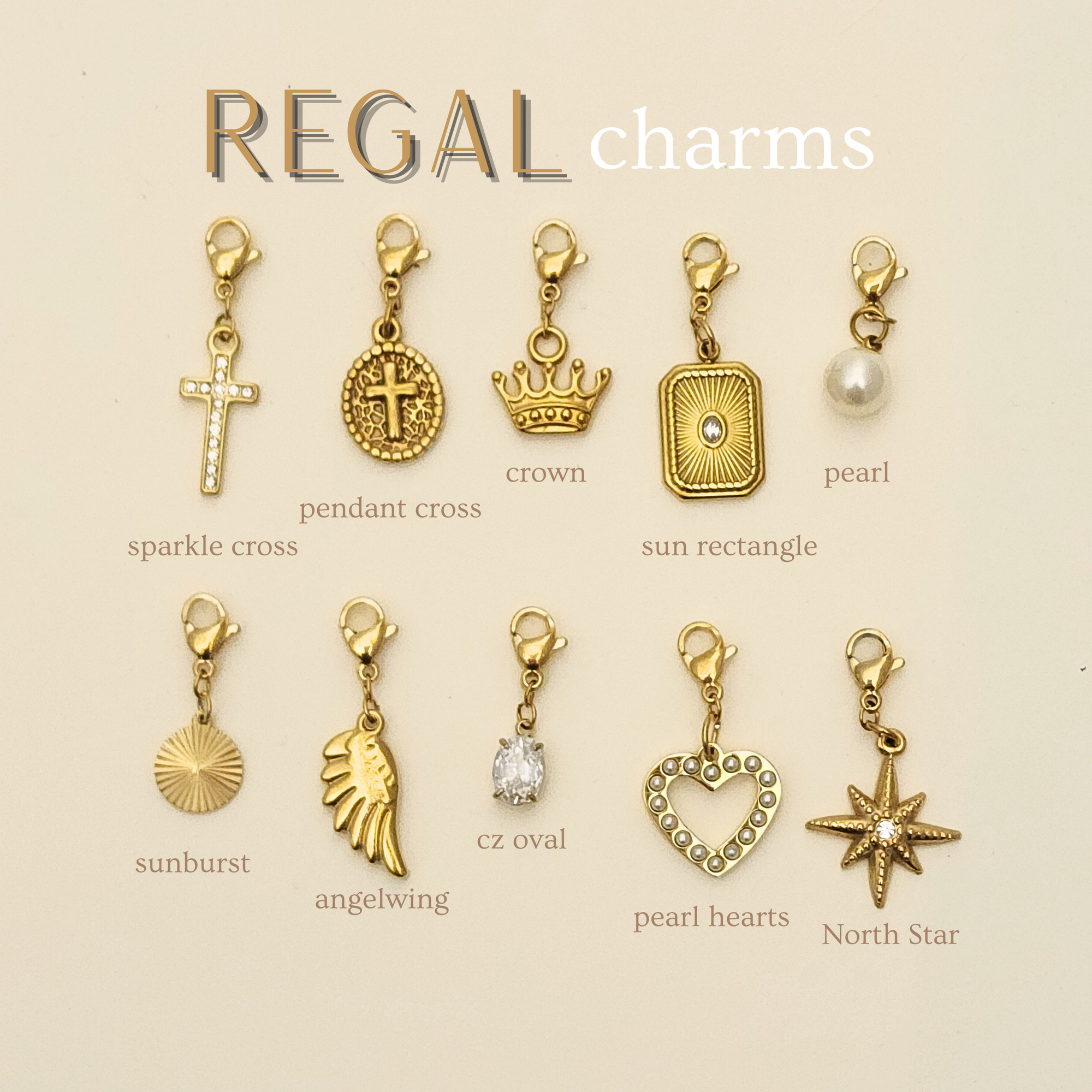 Collection of gold charms with labels on a beige background, featuring the brand &#39;Regal&#39;.