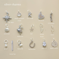 Collection of silver charms on a beige background with labels.