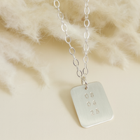 Silver date-stamped pendant necklace displayed on pampas grass background