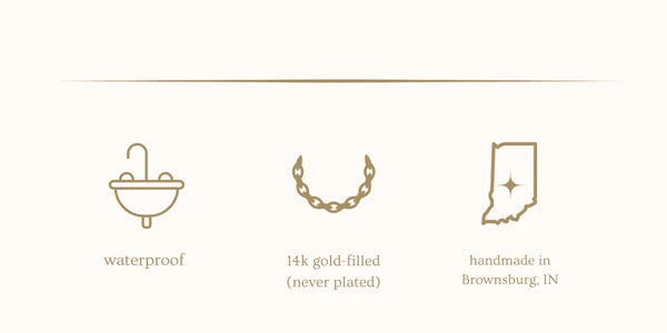 Icons and text indicating waterproof, gold-filled, and handmade in Indiana on a white background.