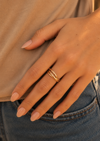 Hand wearing a gold ring with a neutral background
