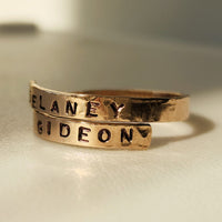 Adjustable gold filled wrap ring with stamped names Delaney and Gideon