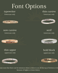 Six different font styles are showcased, each with an example name engraved on a ring. The fonts include: 'typewriter' (lowercase only, example: oliver), 'thin cursive' (lowercase only, example: brooklynn), 'new cursive' (lowercase only, example: oaklynn), 'serif' (lowercase only, example: sienna), 'thin upper' (uppercase only, example: GRACE), and 'bold block' (uppercase only, example: BROOKS).