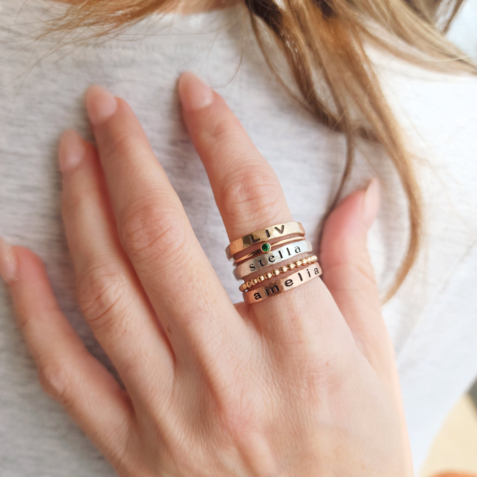 personalized gift for mom, handmade stacking name rings and spacer rings