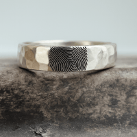 Sterling silver fingerprint ring with hammered texture and custom engraving