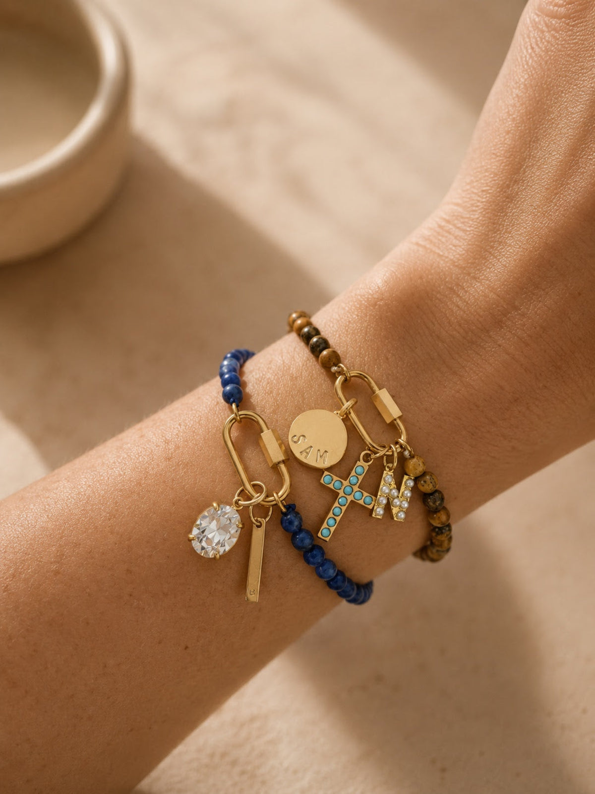 Stone Beaded Carabiner Charm Bracelet