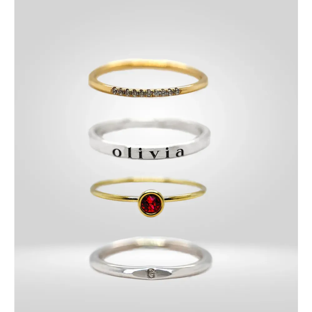 Gold, Silver, Olivia, Gemstone, and initial rings