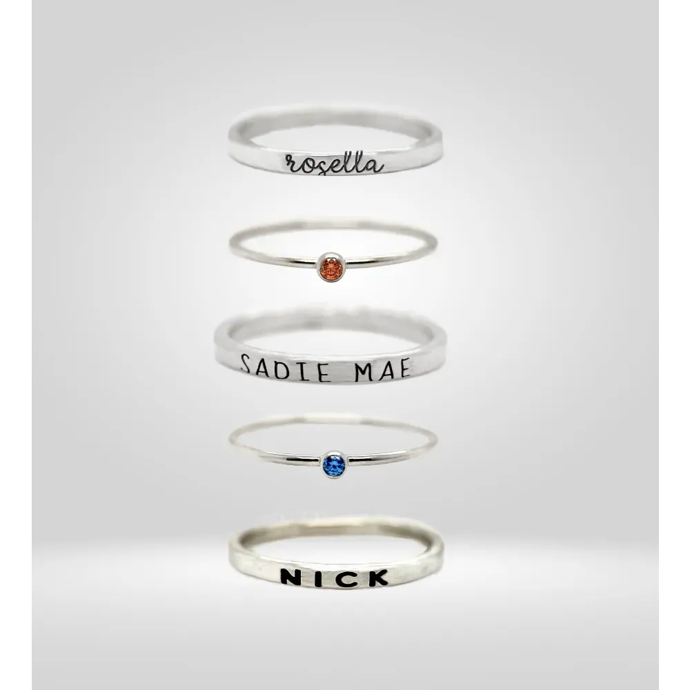 Stackable rings with names & gemstones