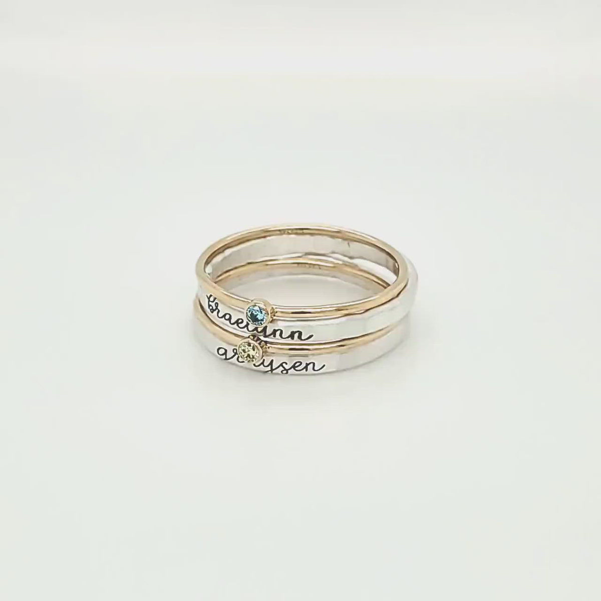 fine silver personalized stacking rings with gold-filled birthstone rings