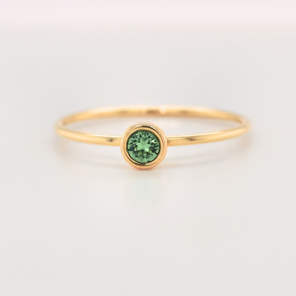 Large August Birthstone Ring with 4mm light green CZ stone and gold-filled band