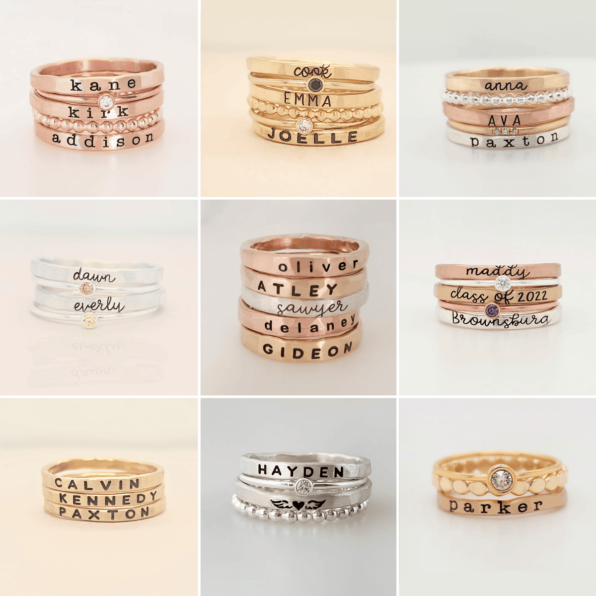 Custom personalized stacking ring sets with names and dates in sterling silver, fine silver, and 14K gold filled options