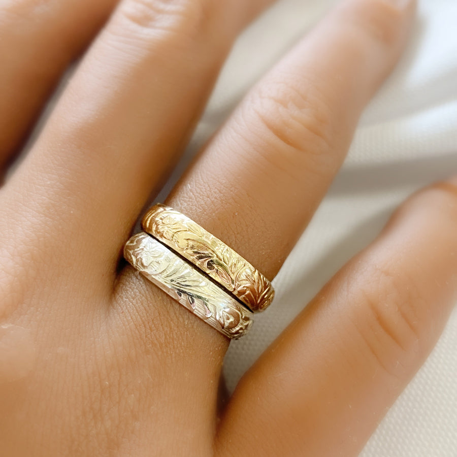 stacking rings, floral band ring, flower ring, sterling silver ring, gold ring, handmade jewelry